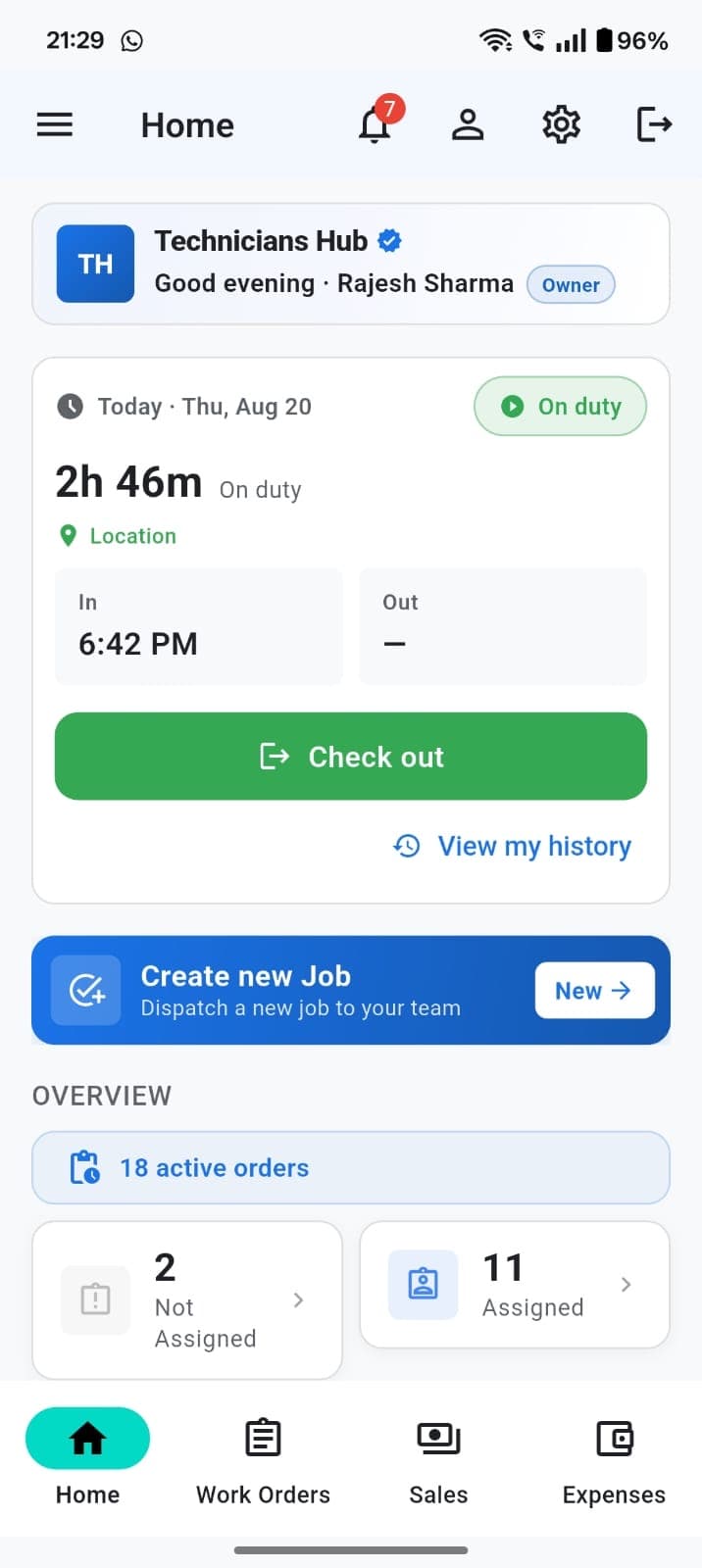 TeamShastra home dashboard with check-in, create job, and active orders overview