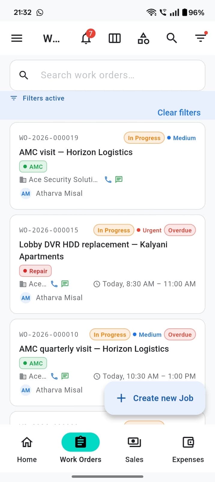 TeamShastra work orders list with status, priority, customer, and assignees
