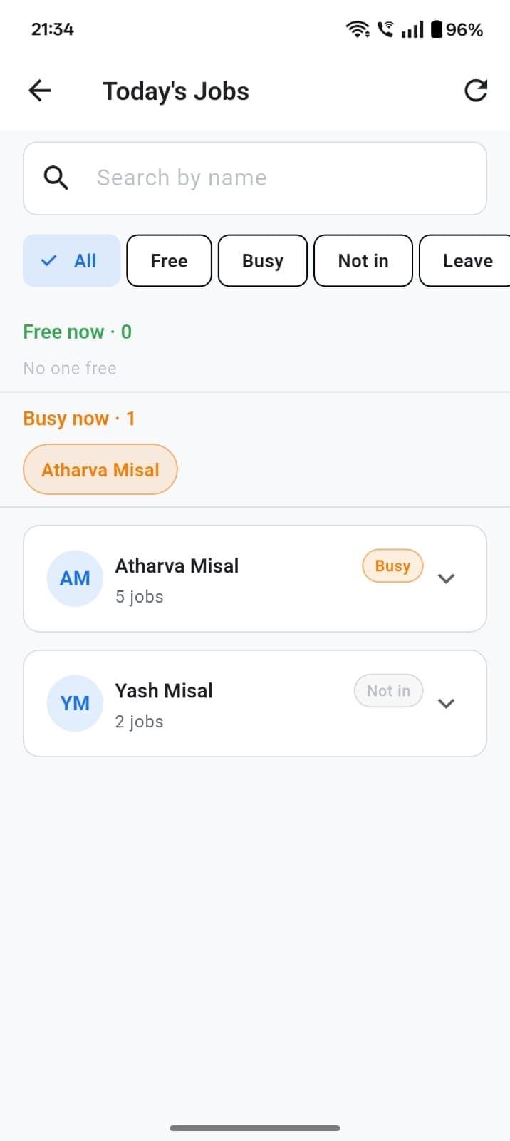 TeamShastra today's jobs board with not started and in progress columns