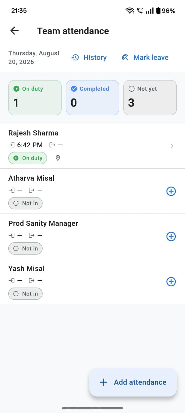 TeamShastra team attendance screen showing who is on duty or not in