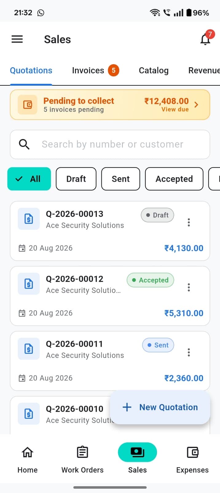 TeamShastra sales quotations list with totals and status