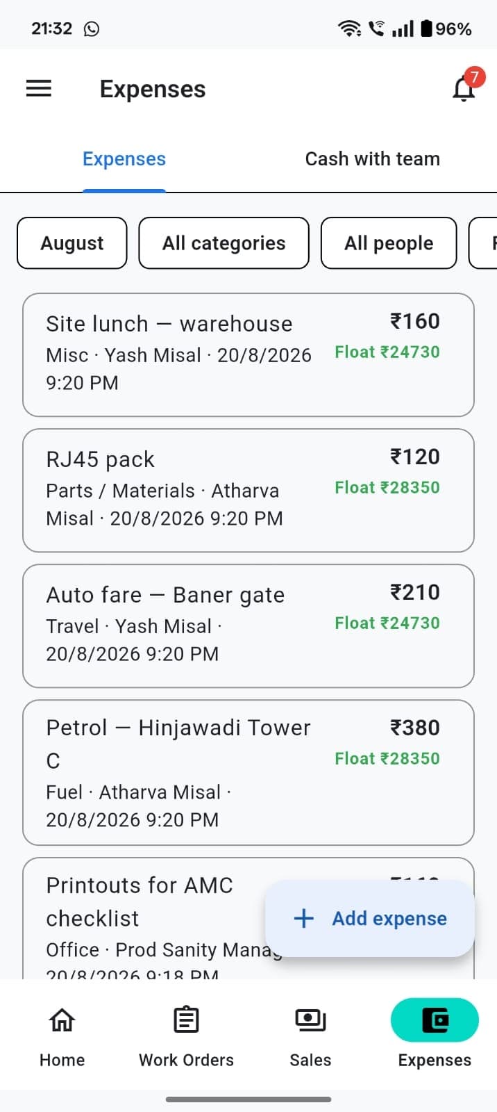 TeamShastra expenses list with categories and amounts