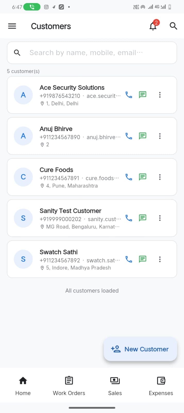 TeamShastra customers directory with phone, email, and address