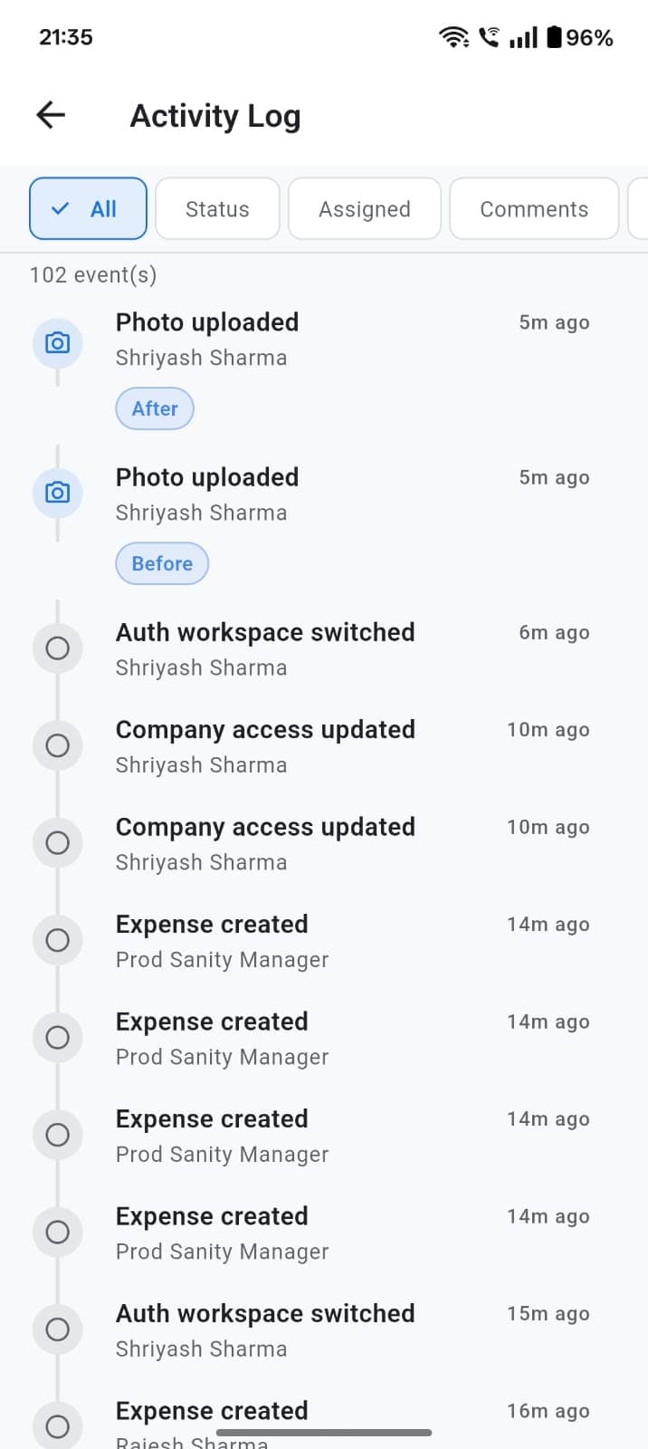 TeamShastra work order activity with before and after photos