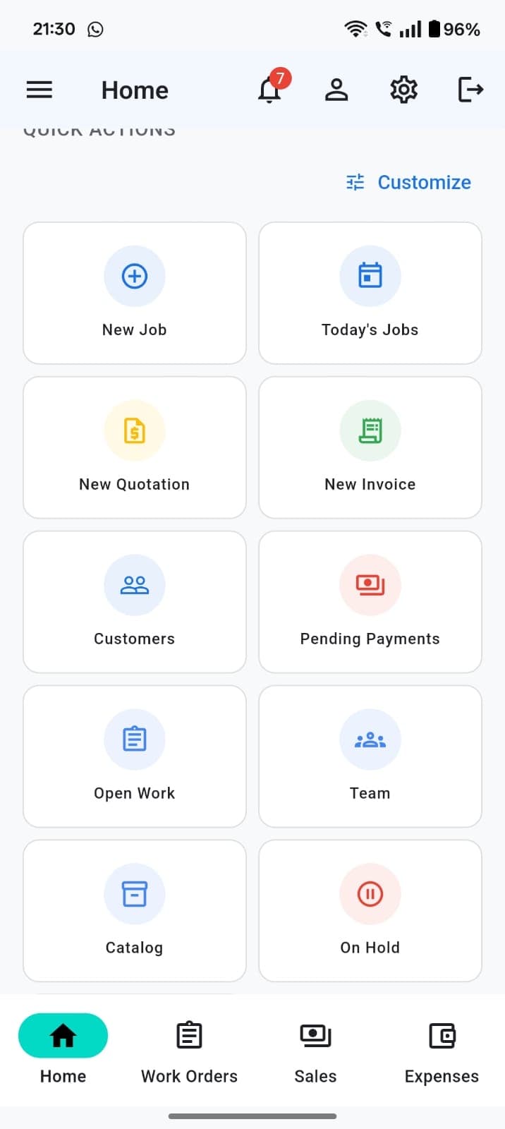 TeamShastra home quick actions for jobs, quotations, invoices, customers, and team