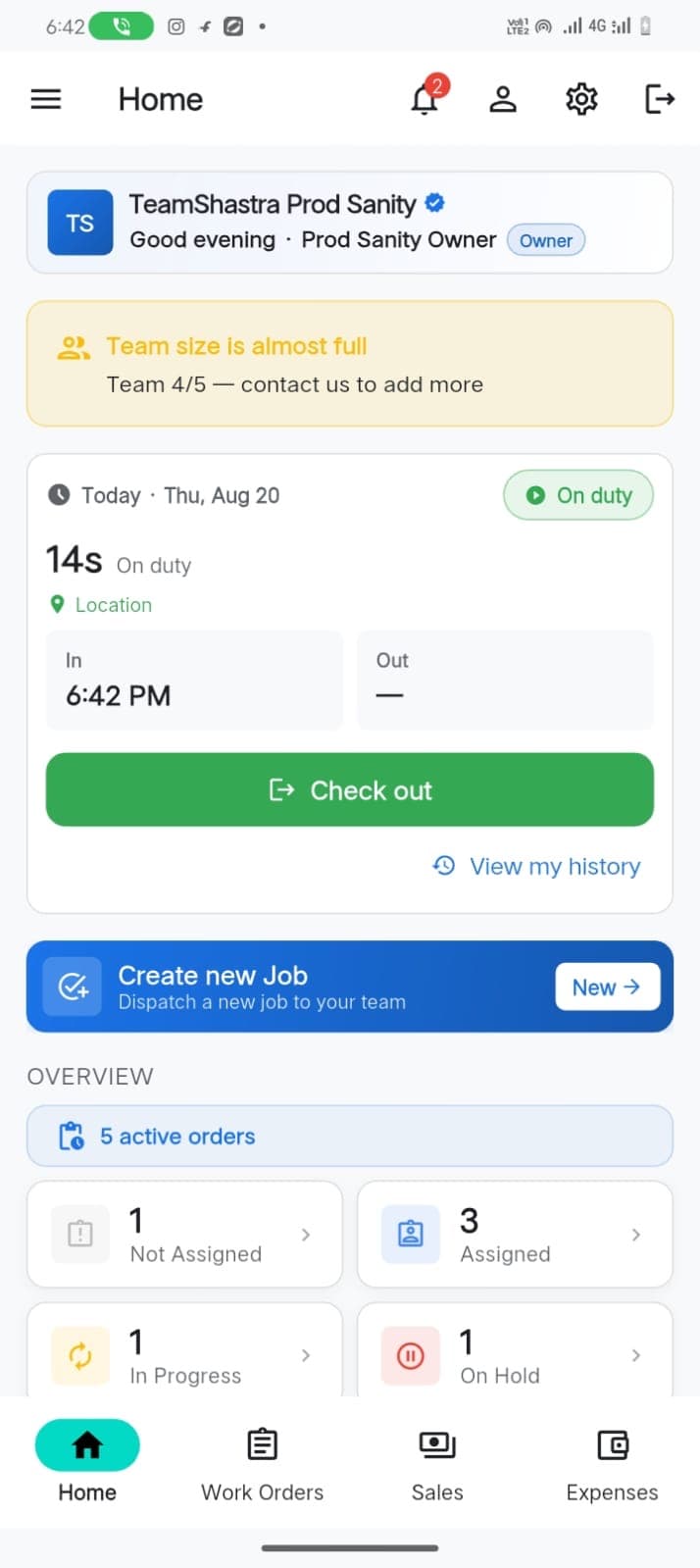 TeamShastra attendance check-in with on-duty status